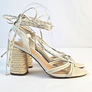 Gibson Latimer Tasha Sheep Leather Cream Open Toe Ankle Wrap Block Heel Sandal
